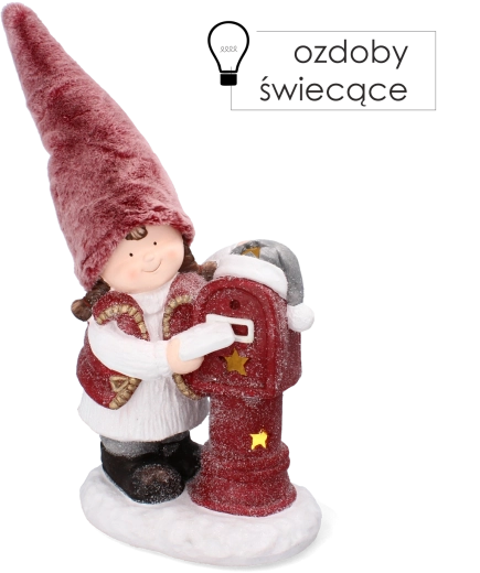 Figurine de Noël fillette avec bonnet rose et boîte aux lettres LED, 45,5 cm