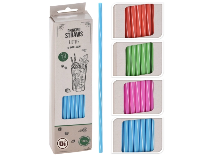 Set de pailles réutilisables 22 cm, diamètre 6 mm – assortiment de couleurs à rayures (50 pcs)