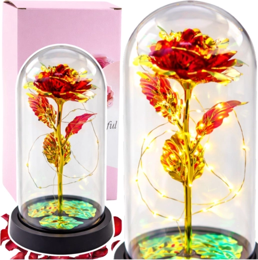 Rose rouge éternelle sous cloche en verre avec éclairage LED