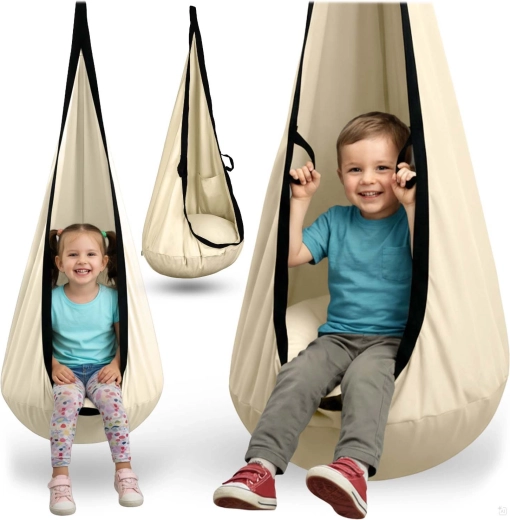 Balançoire suspendue cocon pour enfants Neo-Sport beige avec coussin
