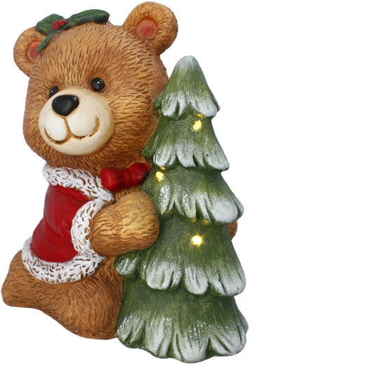 Figurine de Noël représentant un ours en peluche avec un sapin et un éclairage LED