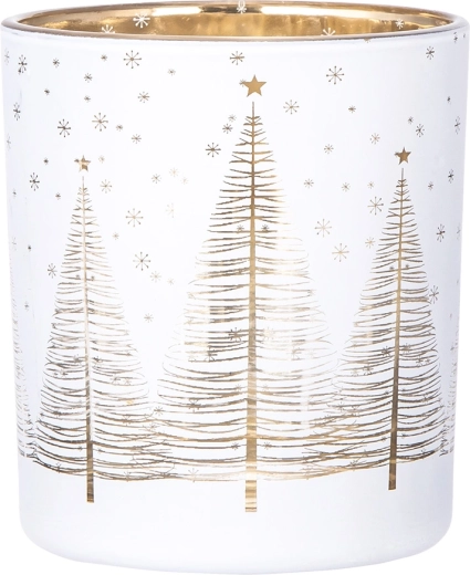 Photophore en verre blanc avec intérieur doré et motif de sapins de Noël 9 × 10 cm