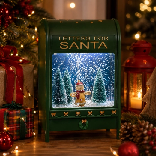 Boîte aux lettres de Noël pour les lettres au Père Noël avec éclairage LED et boîte à musique, verte