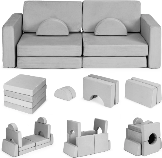 Canapé pour enfants pliable et modulaire pour 2 enfants, 10 coussins ECOTOYS – gris