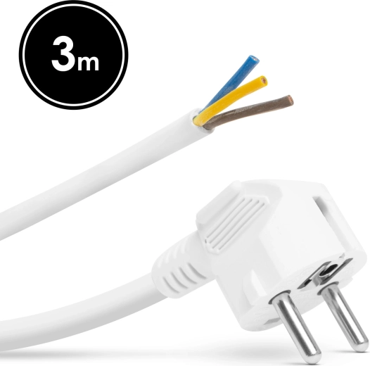 Câble d’alimentation montable avec fiche avec terre, 3 m, blanc
