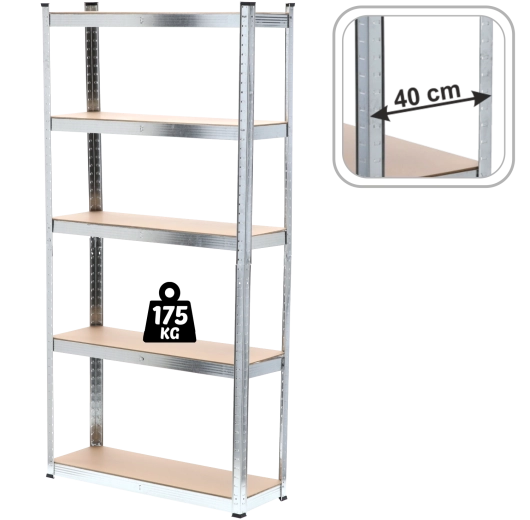 Étagère métallique 5 niveaux 200 × 90 × 40 cm, MDF, capacité 175 kg par étagère