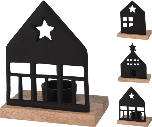 Photophore décoratif Maison pour bougie chauffe-plat en aluminium et bois de manguier - 1 pièce