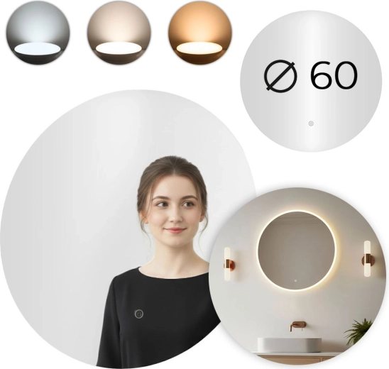 Miroir LED de salle de bain rond 60 cm avec interrupteur tactile et 3 couleurs de lumière MODERNHOME