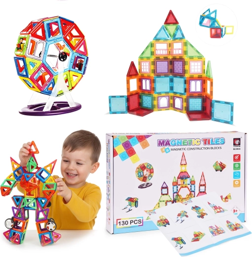 Jeu de construction magnétique avec petites voitures et remorque – 130 pièces