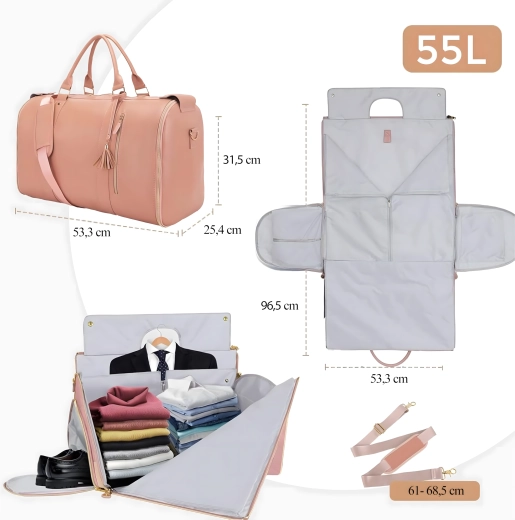 Sac de voyage pliable 2-en-1 avec housse pour costume/robe 55 L, imperméable
