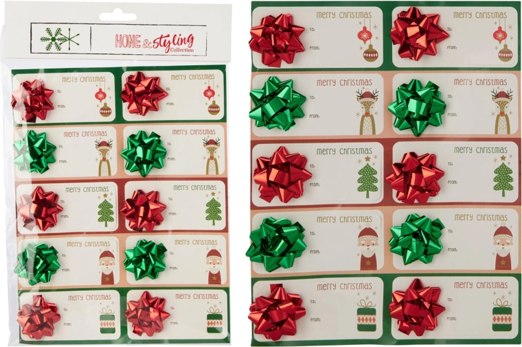 Étiquettes autocollantes de Noël avec nœud – assortiment de couleurs, 10 pcs