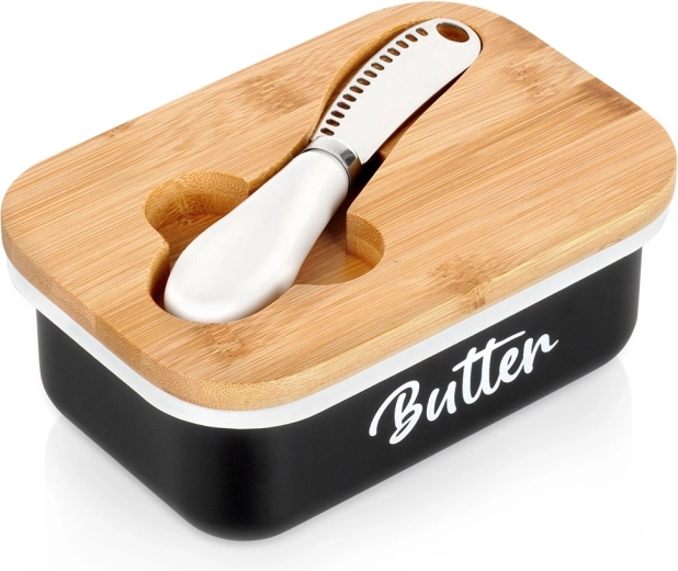 Beurrier noir avec couvercle en bambou et couteau Vilde
