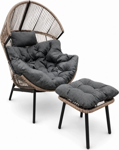 Fauteuil de jardin cocon avec repose-pieds et coussins en finition noir‑marron