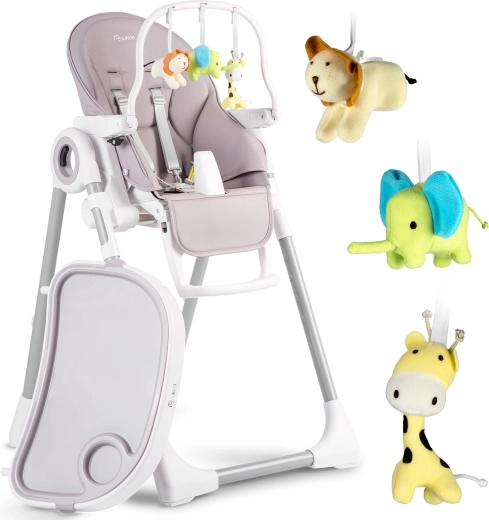 Chaise haute Nukido Belo couleur bruyère avec tablette et arche de jeux avec jouets