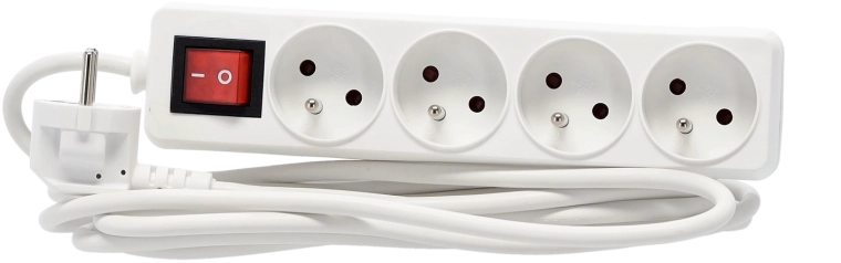 Multiprise parafoudre avec interrupteur, 4 prises, 3 m, blanche