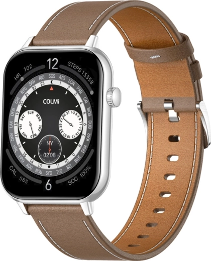 Montre connectée COLMI C28 argentée avec bracelet en cuir marron