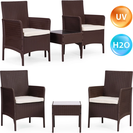 MultiGarden ensemble de jardin : 2 fauteuils avec une table en verre trempé, marron
