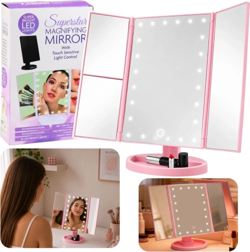 Miroir cosmétique pliable rose avec éclairage LED, commande tactile et grossissement