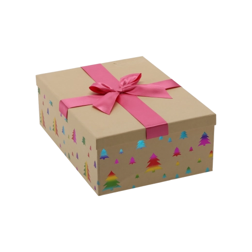 Boîte cadeau de Noël marron avec nœud rose 26,5 × 18 × 7 cm - 1 pièce