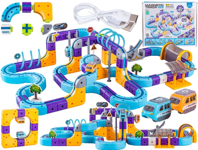 Jeu de construction magnétique avec rail magnétique pour trains et petites voitures – 128 pièces