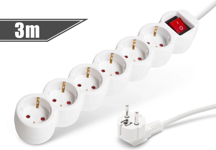 Rallonge électrique blanche avec 6 prises et interrupteur, 3 m