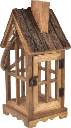 Lanterne en bois de manguier et écorce naturelle en forme de maison