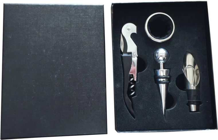 Coffret cadeau vin 4 pièces – tire-bouchon, bouchon, bague anti-goutte et verseur