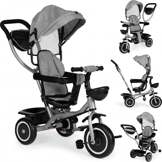 Tricycle poussette 2-en-1 pour enfants, siège pivotant et capote pliable, gris ECOTOYS