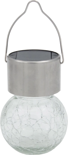 Lampe solaire suspendue en forme de boule, transparente, inox et verre, 1 LED