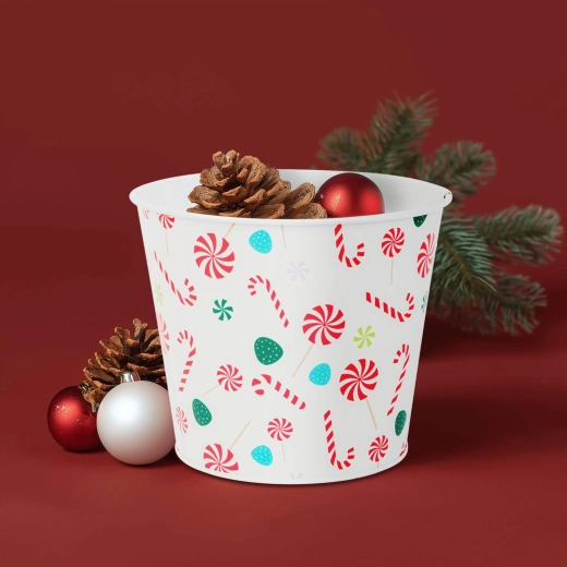 Cache-pot métallique de Noël en forme de seau avec motif de canne à sucre