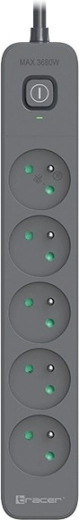 Rallonge parafoudre TRACER Power Line+ 5 m, graphite, 5 prises
