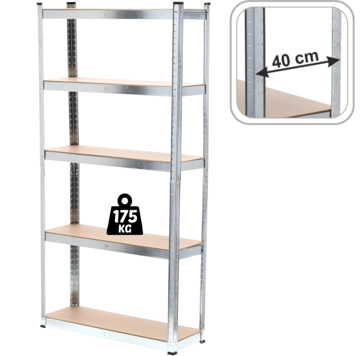 Étagère métallique à cinq niveaux 220 × 90 × 40 cm, charge par tablette 175 kg