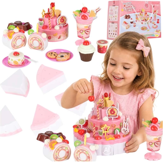Gâteau d’anniversaire pour enfants à découper avec velcro, avec musique et lumières, 117 pièces, rose
