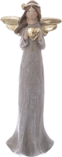 Figurine d’ange avec cœur en polyrésine gris/doré 15 cm