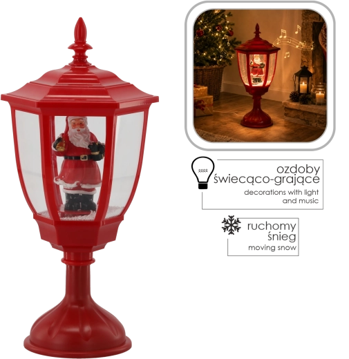 Lanterne LED de Noël avec Saint Nicolas et boîte à musique, 55 cm, rouge