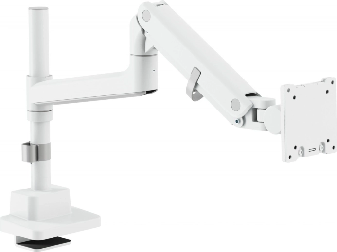 Bras de moniteur blanc à gaz avec serre-joint pour plateau, 57" / 27 kg, VESA 75x75 et 100x100