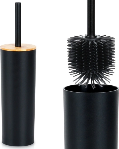 Brosse de toilette avec support, métal noir et bambou, 36,5 cm