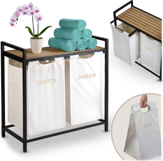Panier à linge Massido à deux compartiments avec étagère, 80 l