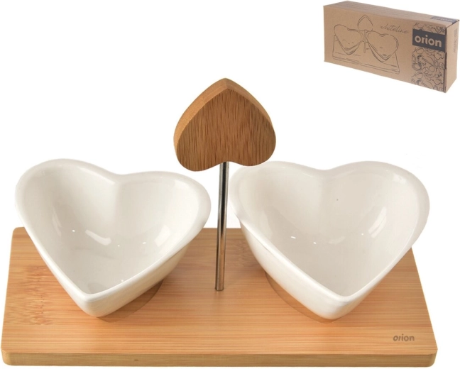 Set de service Orion Whiteline avec 2 bols en forme de cœur et plateau en bois