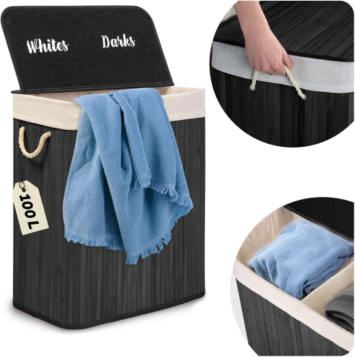 Panier à linge en bambou avec couvercle Massido 100 l
