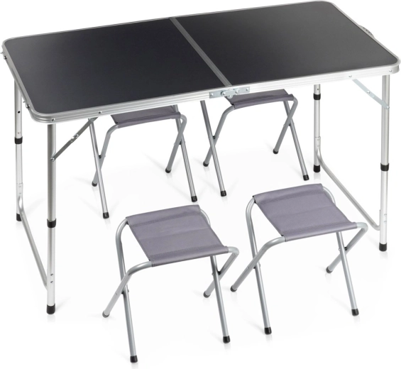 Table de camping pliante Vilde avec 4 tabourets, graphite, hauteur réglable 120 × 60 cm
