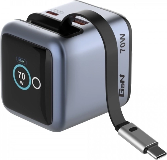 Mini chargeur GaN Verbatim 70 W avec câble USB‑C rétractable et écran