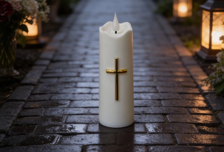 Bougie LED blanche avec croix dorée 15,5 cm