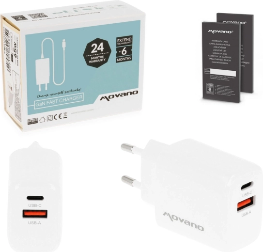 Chargeur secteur Movano GaN 20 W USB‑C PD + USB‑A blanc
