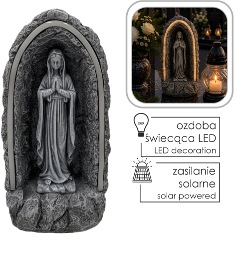Statue solaire de la Vierge Marie dans une petite chapelle avec LED
