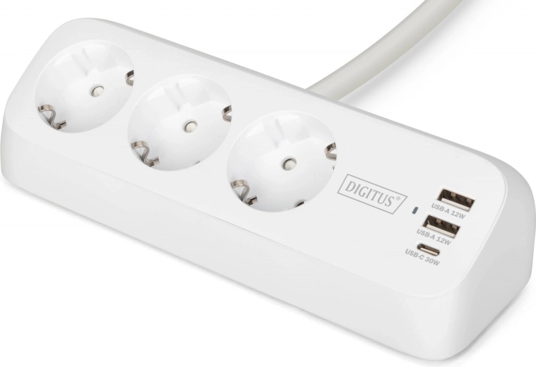 Multiprise de bureau avec serre-joint, 3 prises schuko, 2× usb‑a 12 w, 1× usb‑c 30 w, câble 1,5 m, blanc