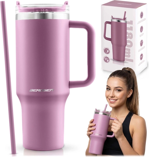 Mug isotherme sous vide rose Berdsen avec paille 1180 ml