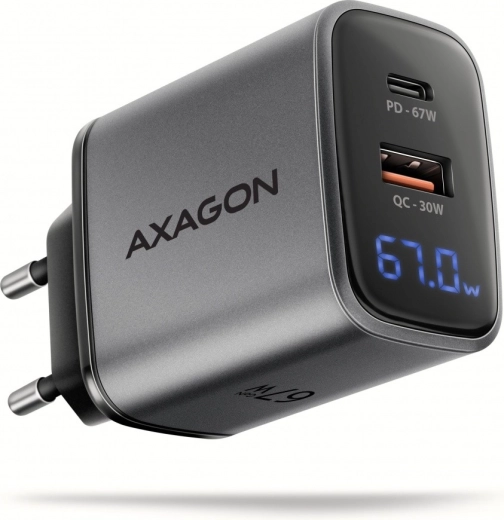 Chargeur secteur AXAGON GaN 67 W avec USB‑C PD et USB‑A QC, écran LED