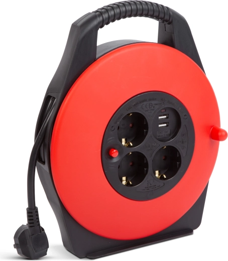 Enrouleur de câble avec support en plastique, 3 prises et 2 ports USB, 10 m