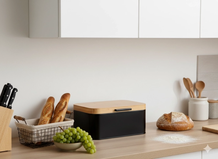 Boîte à pain Lauro en métal avec couvercle en bambou, noire